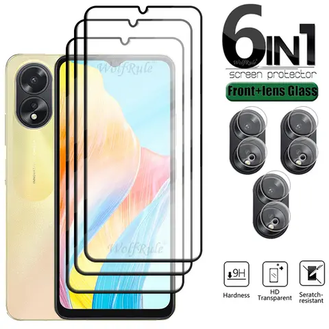OPPO A38 유리 용 6-in-1 OPPO A38 강화 유리 9H HD 풀 커버 접착제 보호 화면 보호기 OPPO A38 A 38 렌즈 유리