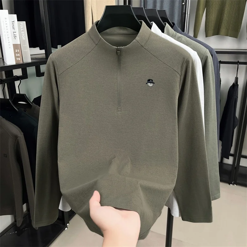 Neues Einfarbiges Herren-T-Shirt mit Stehkragen und Aufdruck, Herbst-Trend, Halber Reißverschluss, Langarm-Oberteil, Lässige Vielseitige Herrenbekleidung – Detail 13