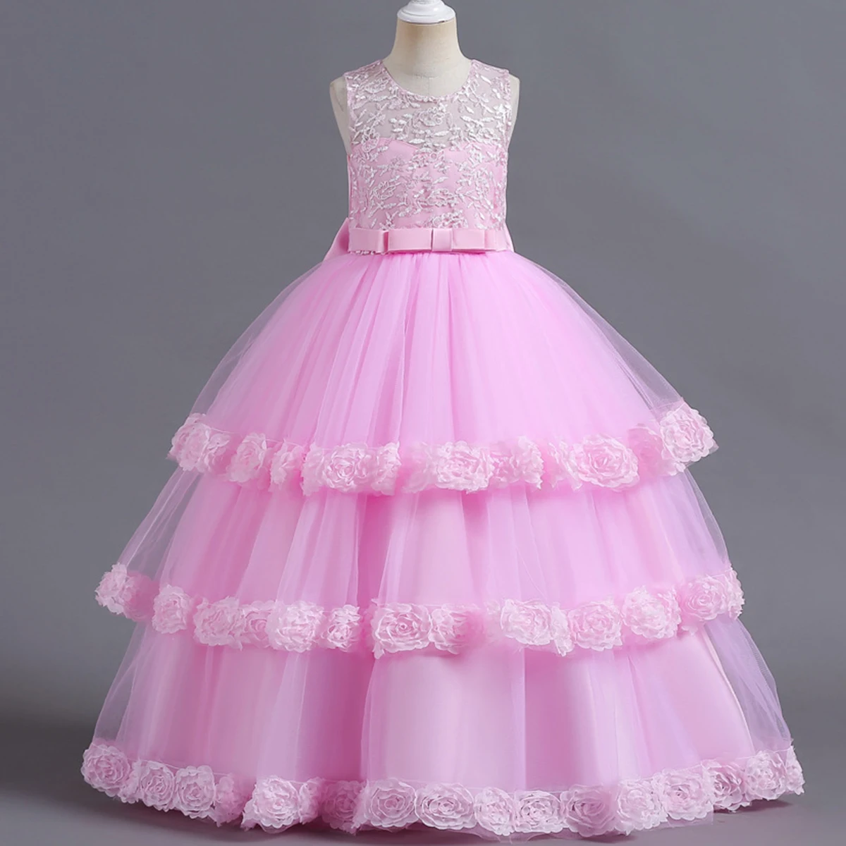 AmyStylishLittle Big Girls Lace Appliqued 3D Flower Girl Birthday Party Ball Gown Floor Length LS5503