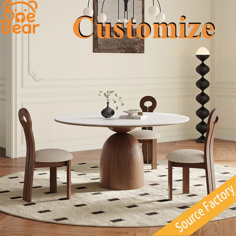Any Size Custom Mid Century Walnut Solid Wood Lazy Susan Dining Table Stain Resistant Wear Resistant Stone Top Dining Set