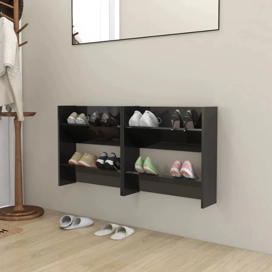 

Wall Shoe Cabinets 2 pcs High Gloss Black 23.6x7.1x23.6 Engineered Wood