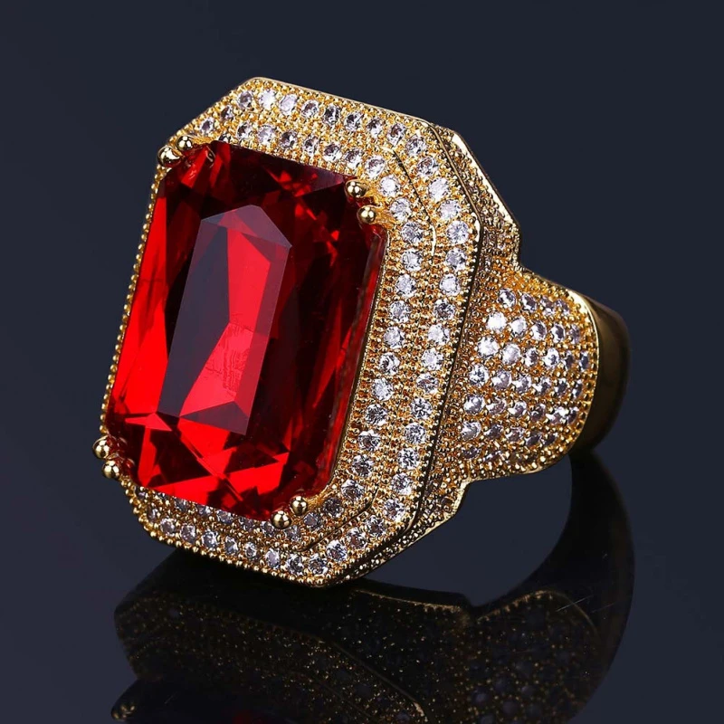 High-end Luxury Fashion Hip Hop Ring Gold Color Plated Iced Out Bling Micro Pave CZ Stone Red Rhinestone Rings With 7,8,9,10,11