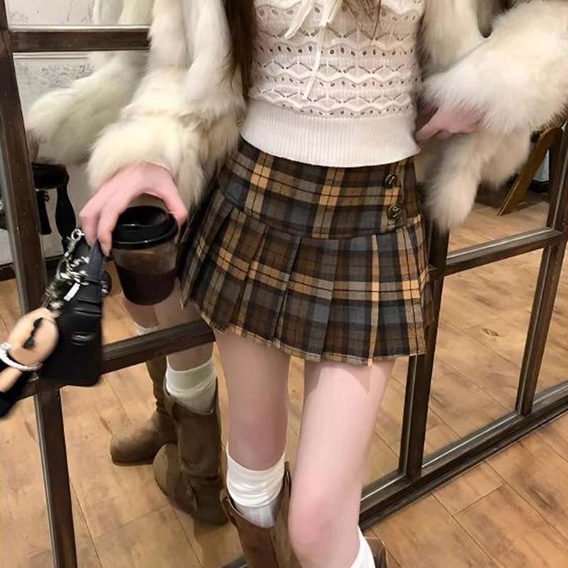 Vintage Color Block Plaid Skirt Women Preppy Style Faux Woolen High Waist Pleated Skirt Fall Winter Retro A Line Mini Skirt New