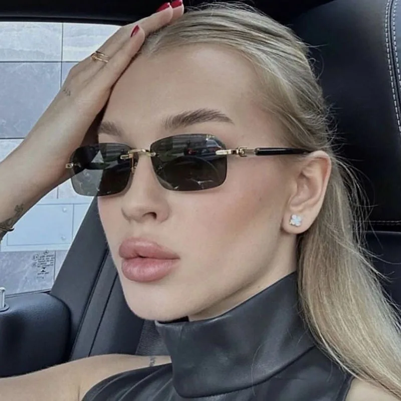 

Vintage Rimless Square Sunglasses Women For Men Luxury Brand Designer Sun Glasses Punk Metal Rivet Grain Leg Sunglasses UV400