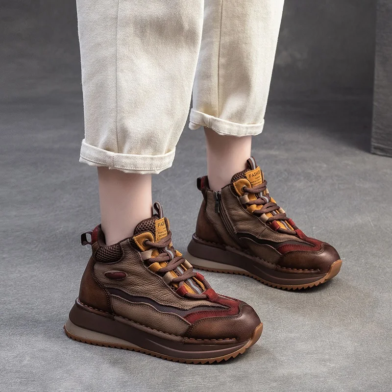 DRKANOL 2026 Women Boots Autumn Winter Mixed Colors Genuine Cow Leather Warm Ankle Boots Ladies High Top Casual Sneakers Shoes
