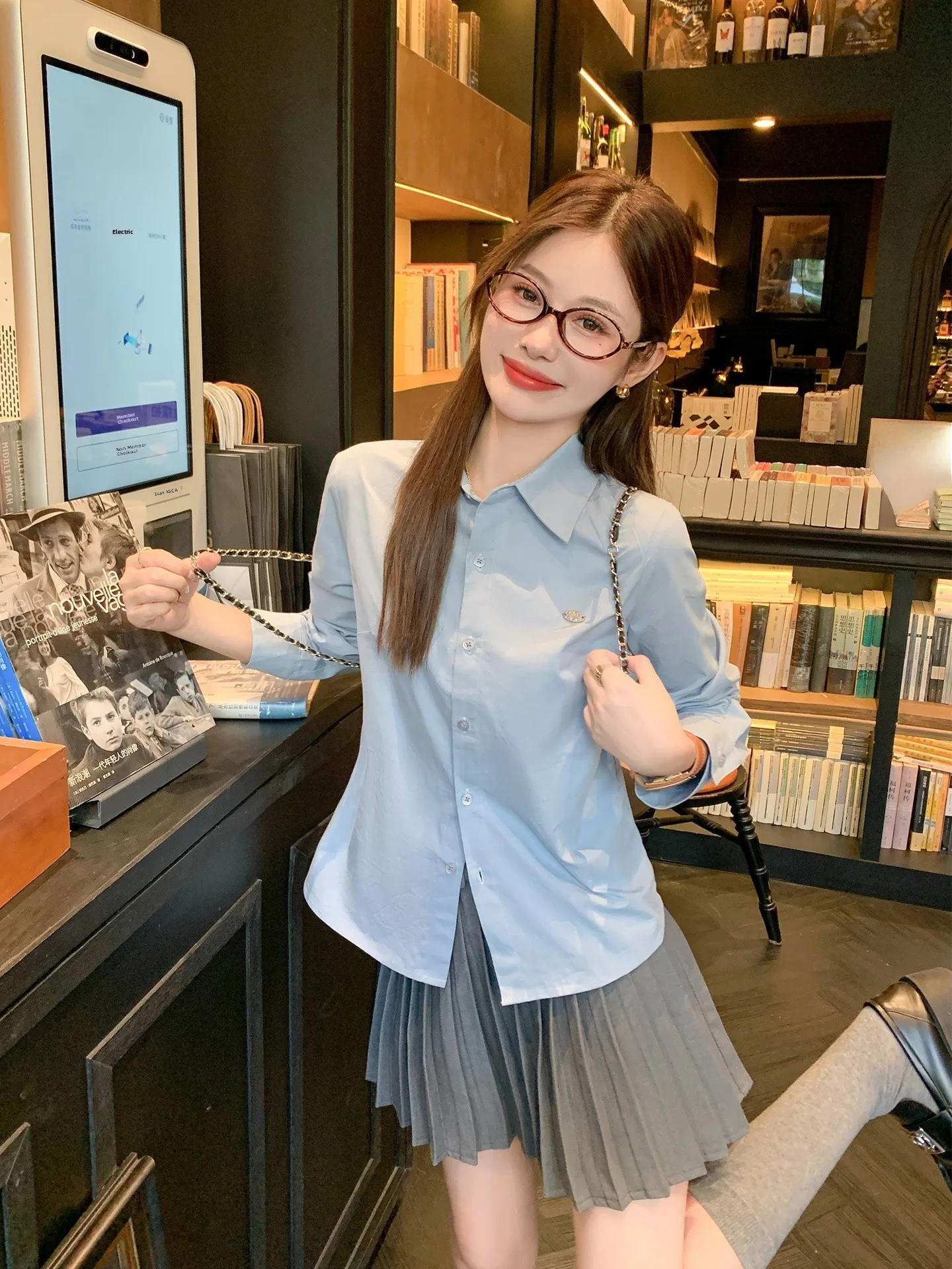 

Blue Long Sve irt Women's Autumn Winter Layering Inner Slim Waist Design College Sle Faion Korean Clothing Top