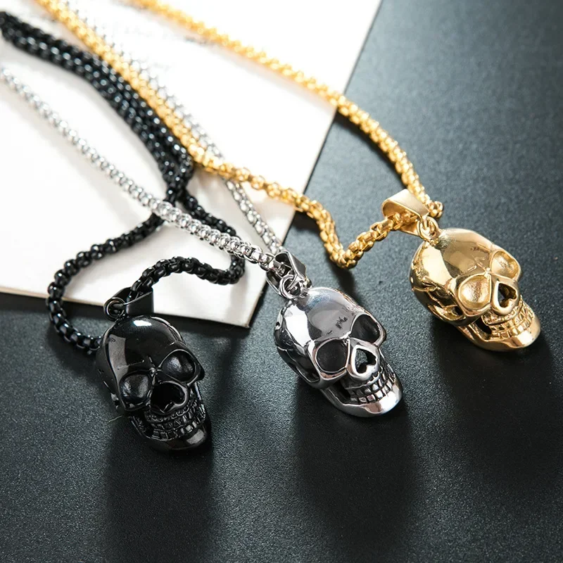 Fashion Punk Skull Pendant Men\'s Necklace Gold Black Silver Color Chain Link 20Inch Necklaces Cool Male Jewelry