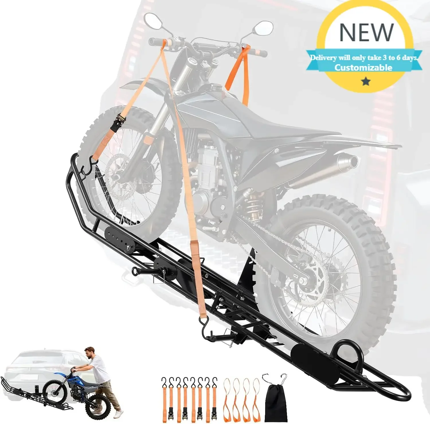 Motorcycle Carrier, 500 lbs Capacity, Heavy Duty Steel Hitch Mount Rack with Anti-Tilt Lock Device, Straps & Stabilize