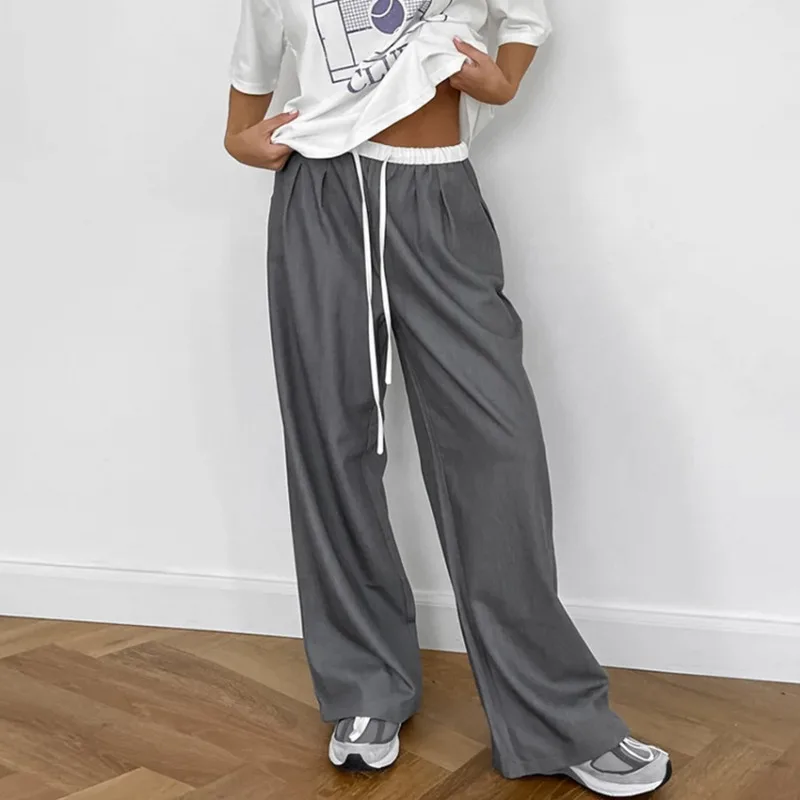 Street Style Women Gray Contrasting Sports Trousers 2024 Autumn New Fashion Drawstring High Waist Casual Pants Women's Clothing