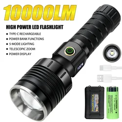 10000LM High Power Led Flashlight Rechargeable 80W Tactical Torch Zoom Long Range Light Waterproof Camping Lantern Power Bank