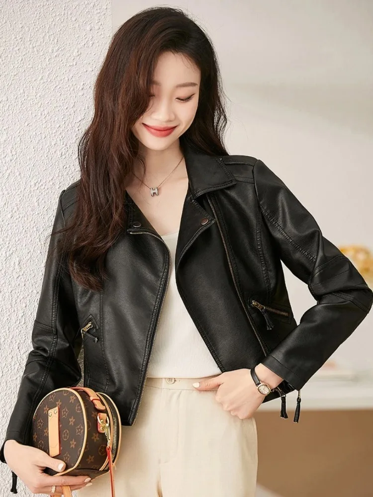 

Женская демисезонная куртка из искусственной кожи в стиле Y2K, кожаная куртка с воротником, женская мотоциклетная куртка-косуха на молнии