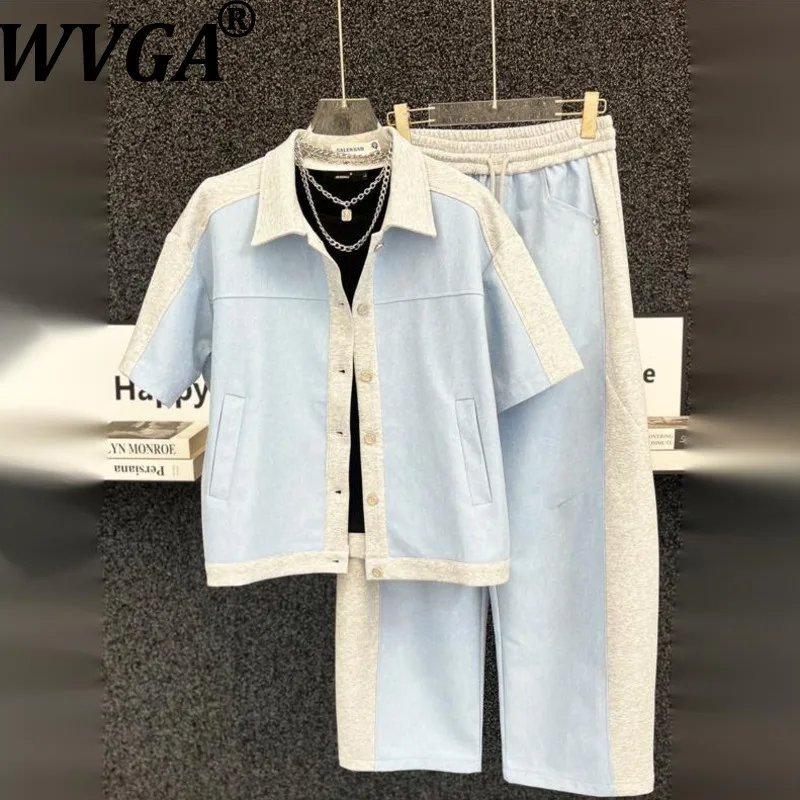 

Мужской летний джинсовый костюм WVGA: модная куртка с коротким рукавом и широкие брюки в стиле пэчворк, повседневный шик, комплект из двух предметов Ins W22027