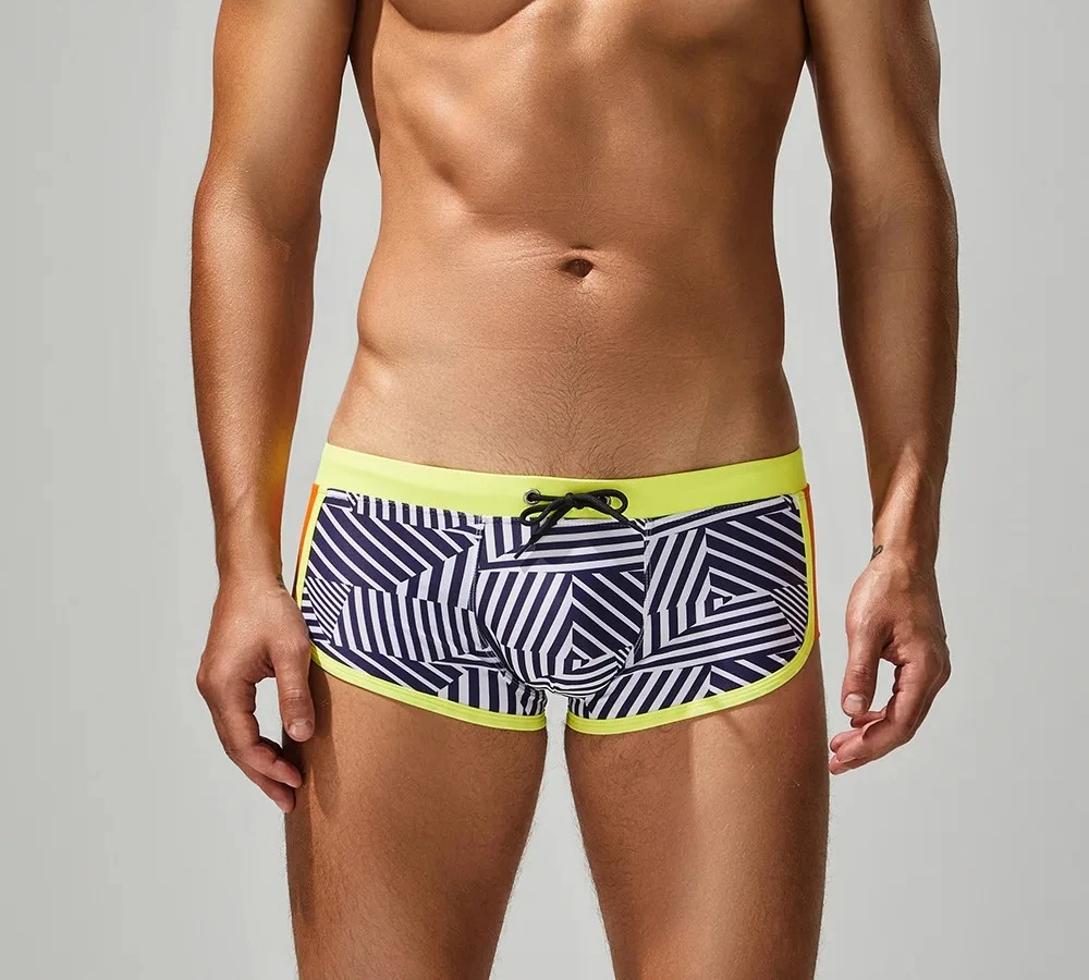 Striped Swimming Trunks for Men Quick-Dry Beach Swimming Boxer Shorts Geometric Pattern for Seaside Hot Spring Pool Bathing Suit