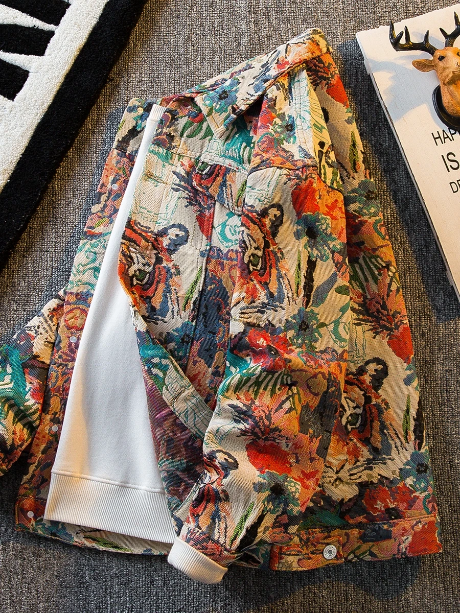 

Винтажная жаккардовая джинсовая куртка с тигром, мужская весенне-осенняя уличная одежда с длинными рукавами, корейская повседневная модная модная верхняя одежда больших размеров