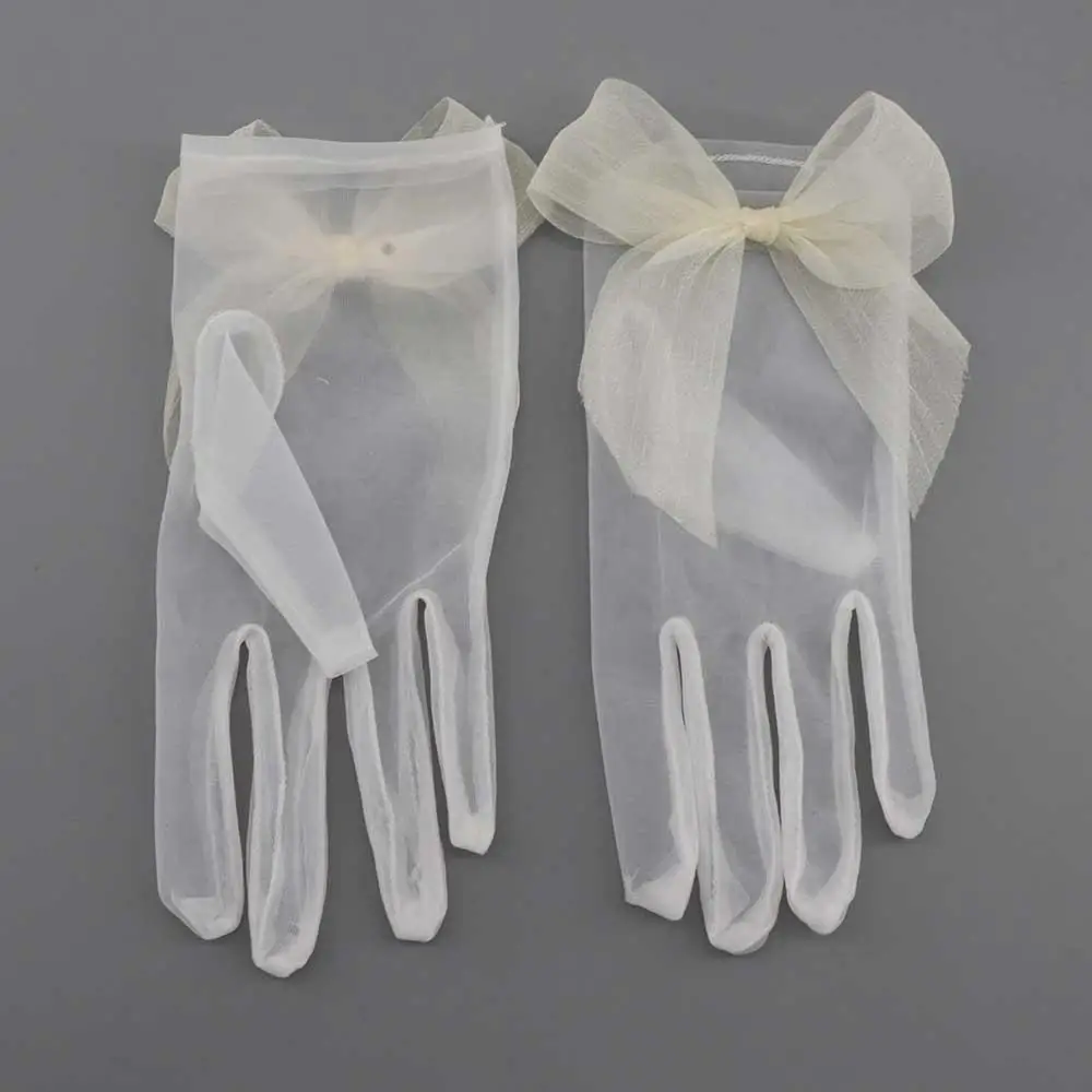 Elegant Hand-made Girl Women Lace Bridal Bow Tulle Mittens Short Wedding Gloves Pearl Finger Gloves