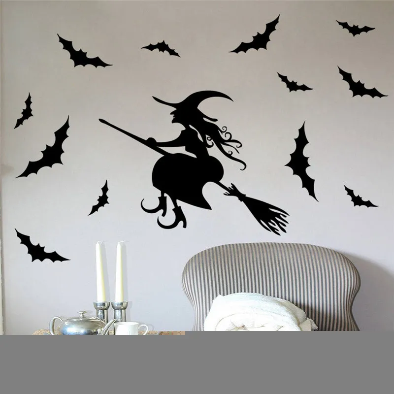 Yarasalar ve cadı desen duvar çıkartmaları için mağaza ev dekorasyon Diy pencere çıkartması cadılar bayramı festivali vinil Poster duvar sanatı