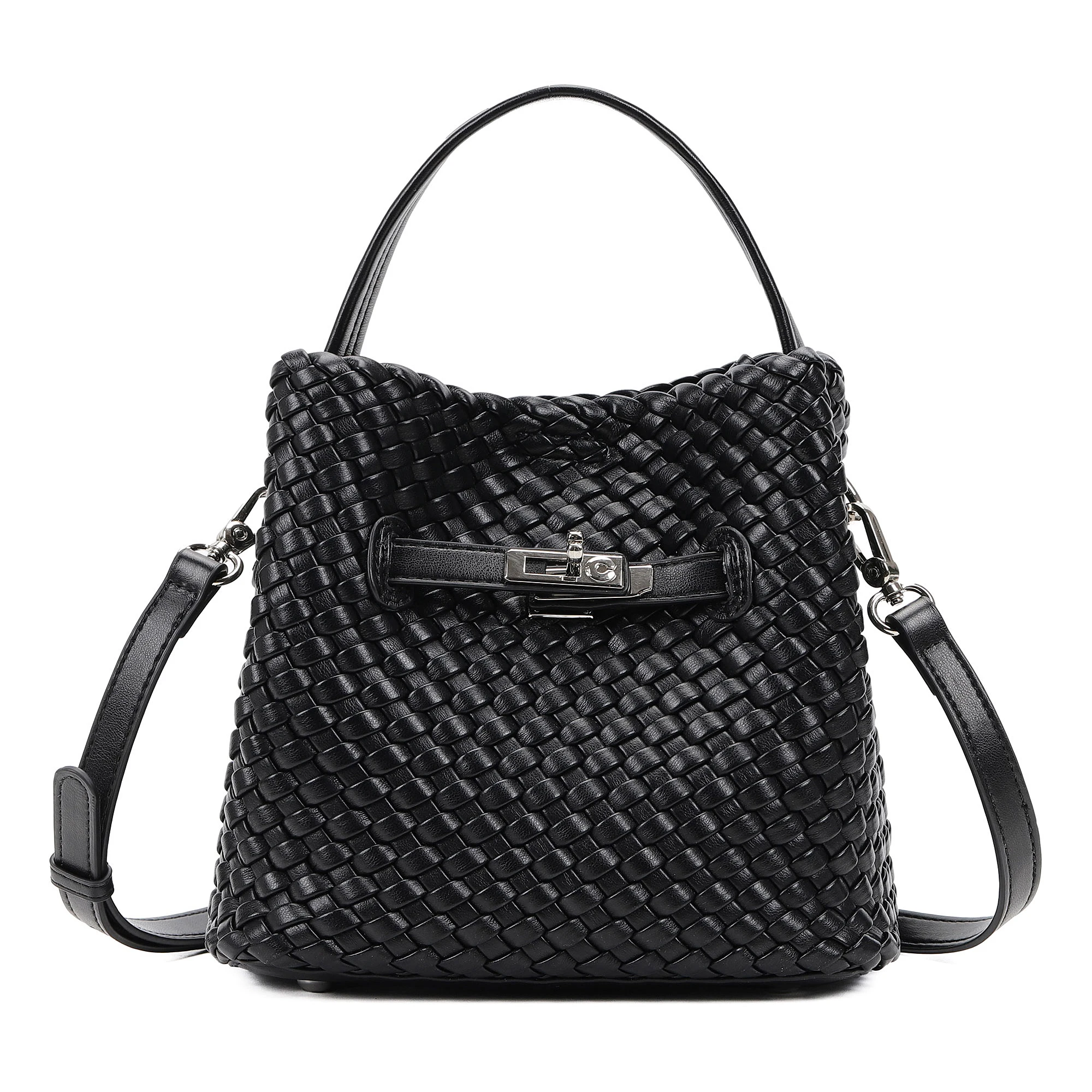 Small Woven Crossbody Bags for Women PU Leather Mini Bucket Handbag Women Handwoven Cute Shoulder Bag Removable Shoulder Strap