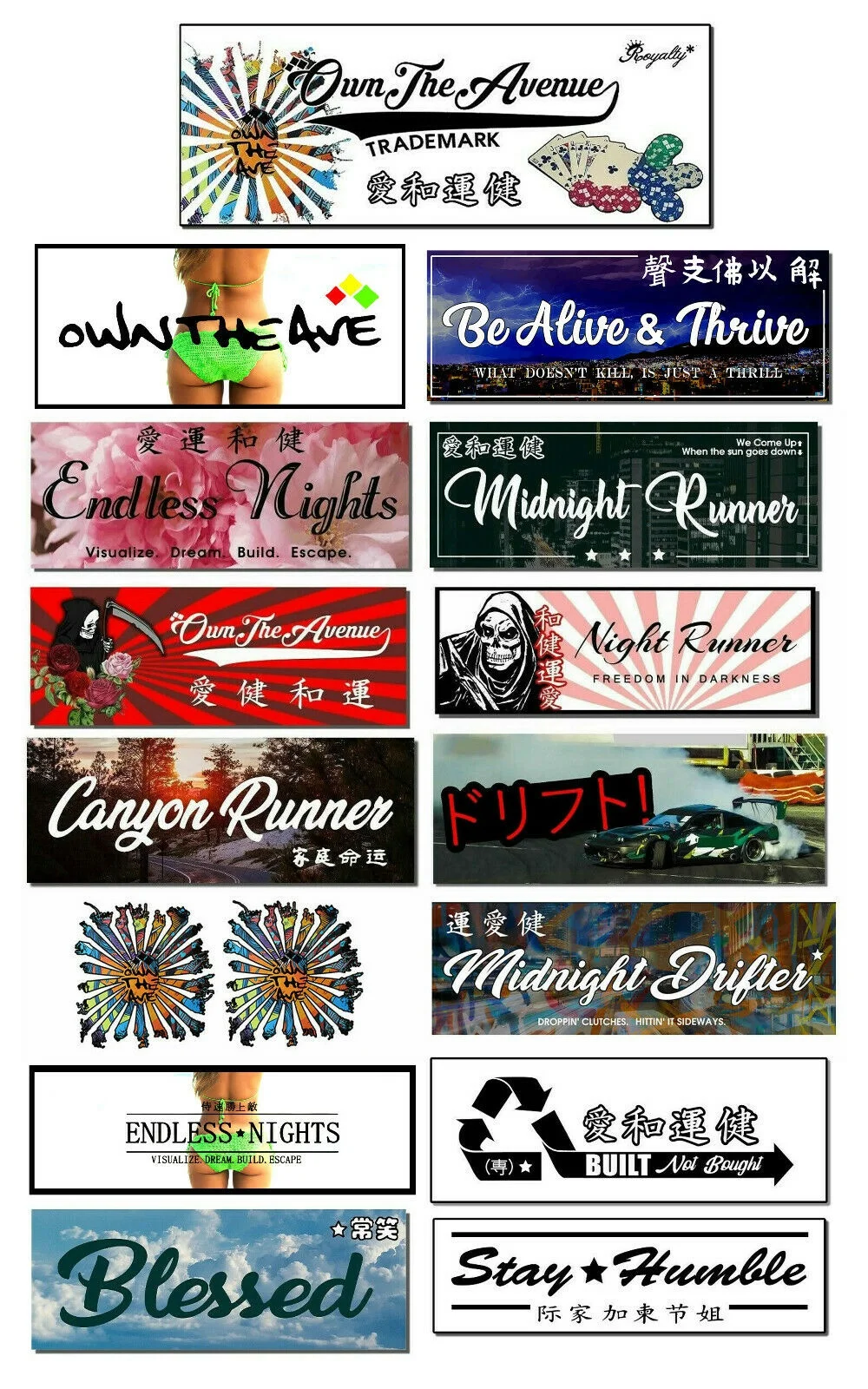 

For 15Pcs JDM Box Slap Japanese Kanji Racing Drifting Vinyl Decal Stickers Pack