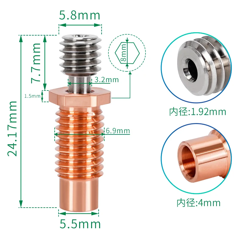 V6 Titanium / Red Copper Bimetal Hexagonal Heat Break - Voron 0 / Voron 2.4 3D Printer Parts