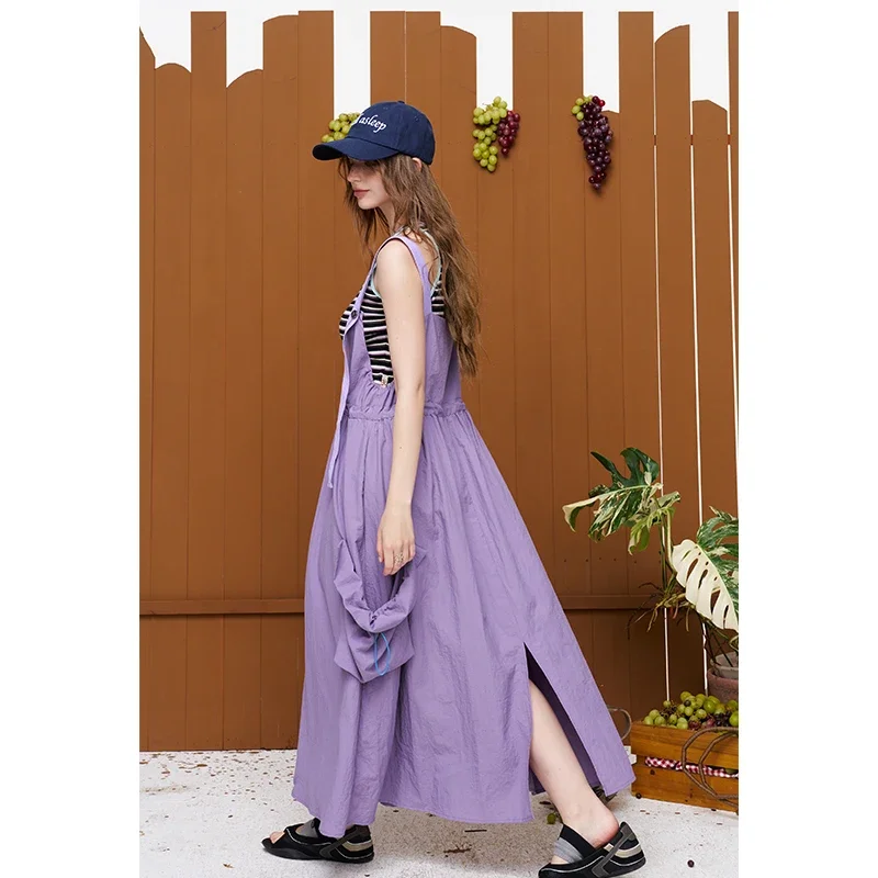 ELFSACK Casual Drawstring Waist Overalls Dress, Loose Cargo Style Long Suspender Skirt