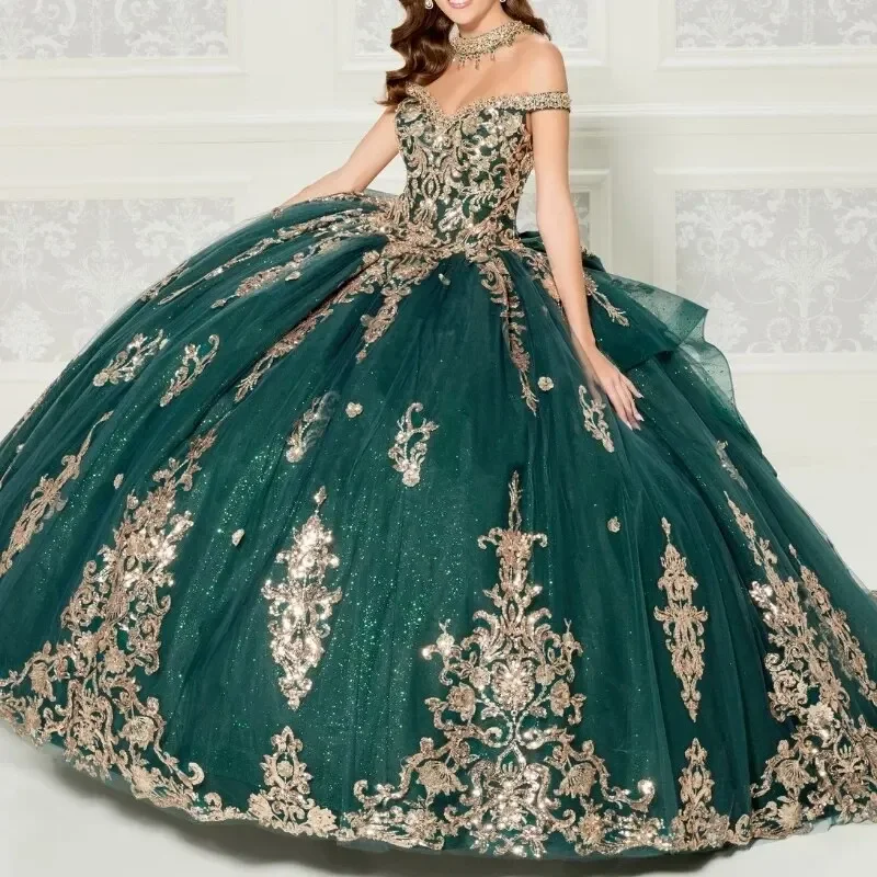 

Vintage Appliques Emerald Green Quinceanera Dresses Lace Up Corset Birthday Party Dress Gold Applique Beads Vestidos De 15 Anos