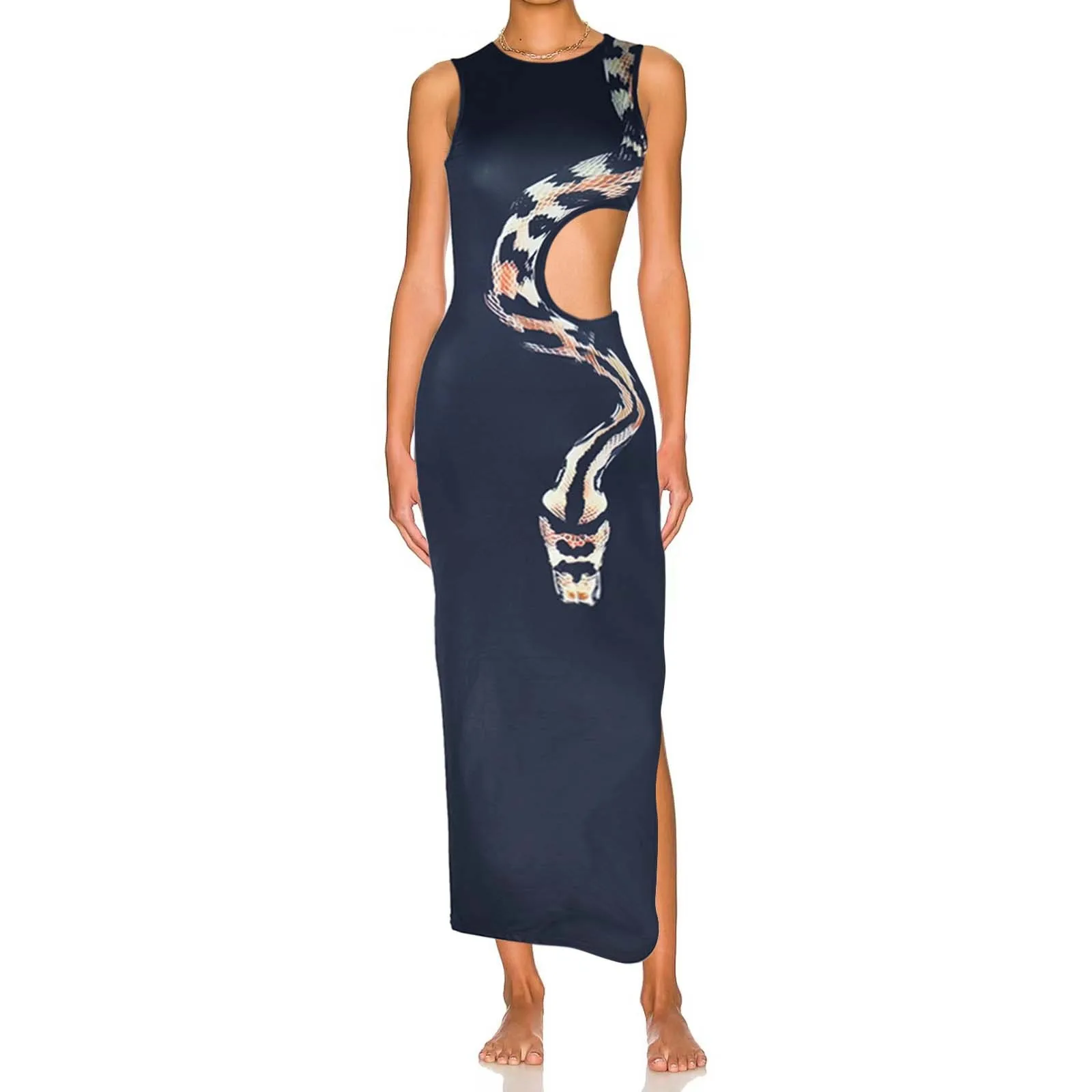 

Fashion Snake Printed Waist Hollow Out Long Dress Women Sexy O Neck Sleeveless High Split Slim Dress 2024 Lady Party Night Gowns