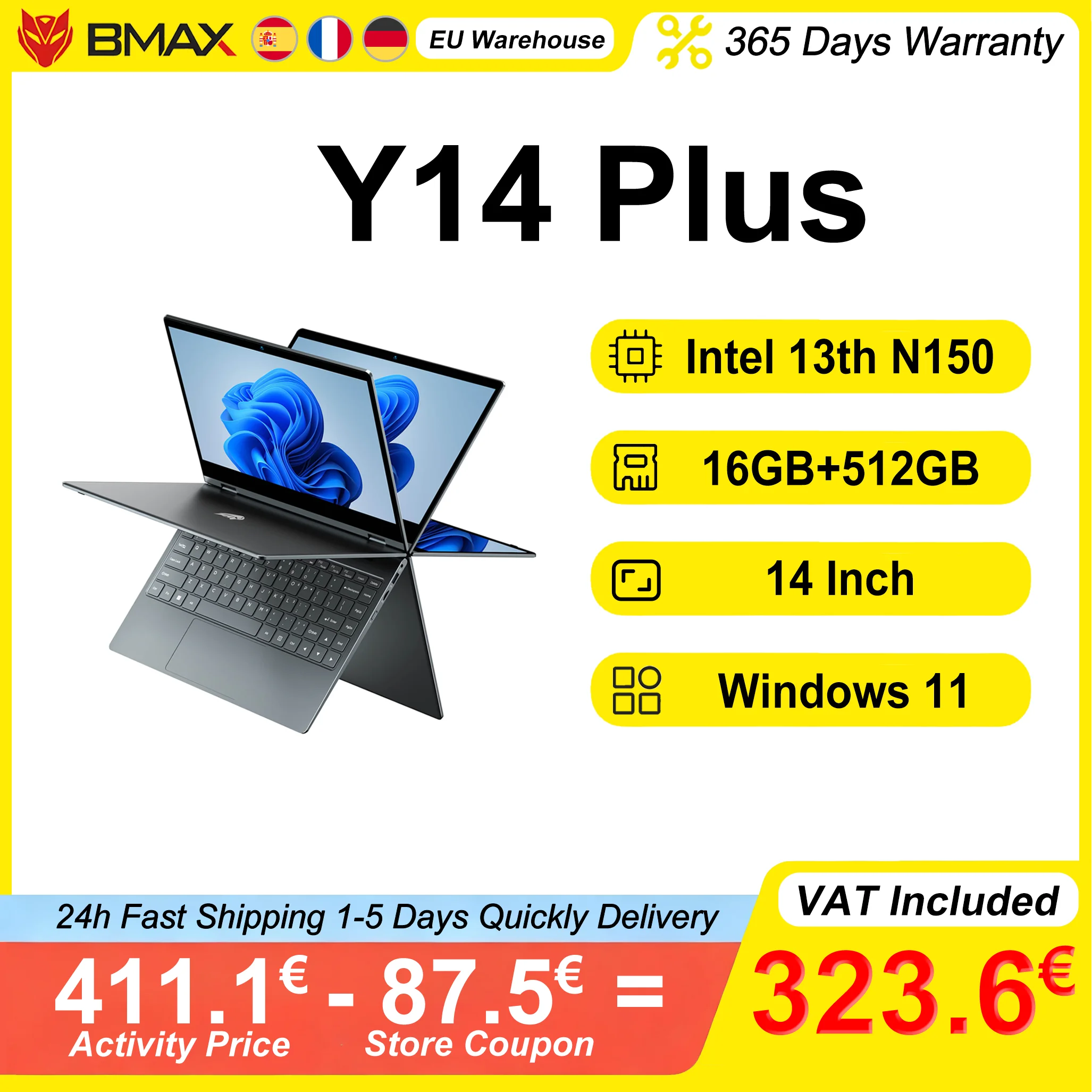 Laptop BMAX Y14 Plus Touch screen da 14 pollici 16 GB RAM 512 GB SSD Intel N150 1920 * 1080 IPS 360 ° Notebook trasformabile Windows 11