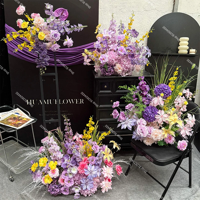 

Monet Purple/yellow Rose hydrangea Hang Flower Row Wedding Floor Floral Arrangement Decor Event PropsParty Stage