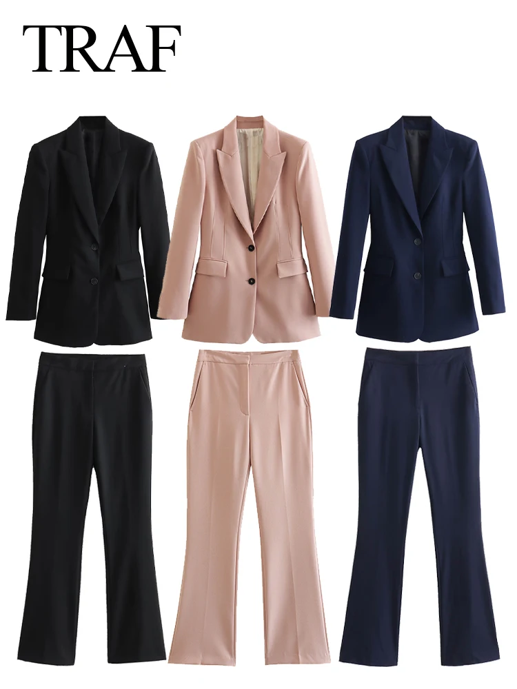 TRAF 2023 Autumn Women 2 Pieces Set Office Lady Lapel Long Sleeve Blazers+High Waist Hidden Buckle Zipper Trousers Femininos