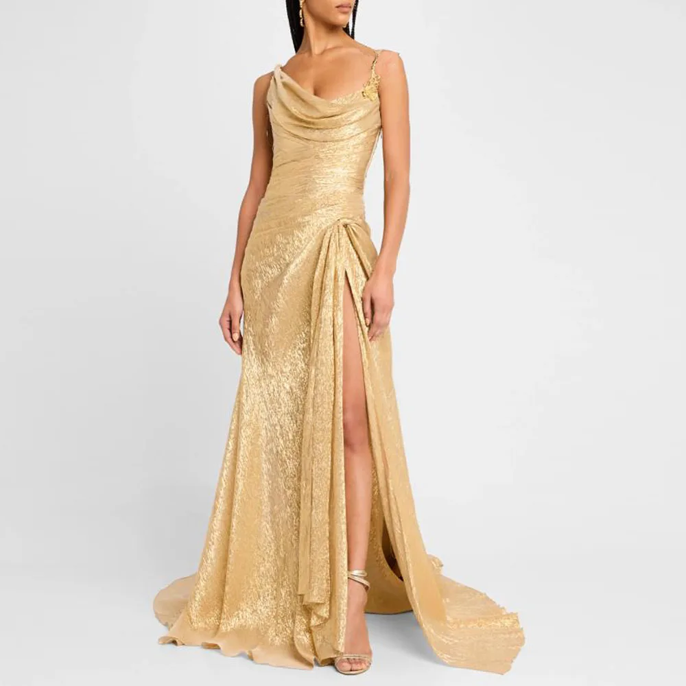 فساتين سهرة طويلة مخصصة من الكريب 2025 بحزام سباغيتي حورية البحر لحفلات الزفاف مع فستان طويل بطيات مقسمة للنساء