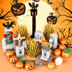 City Halloween Tombstone Scene Skeleton Soldier Figures Building Blocks Grave Plant Pumpkin Animal MOC Parts Bricks Kid Toy Gift
