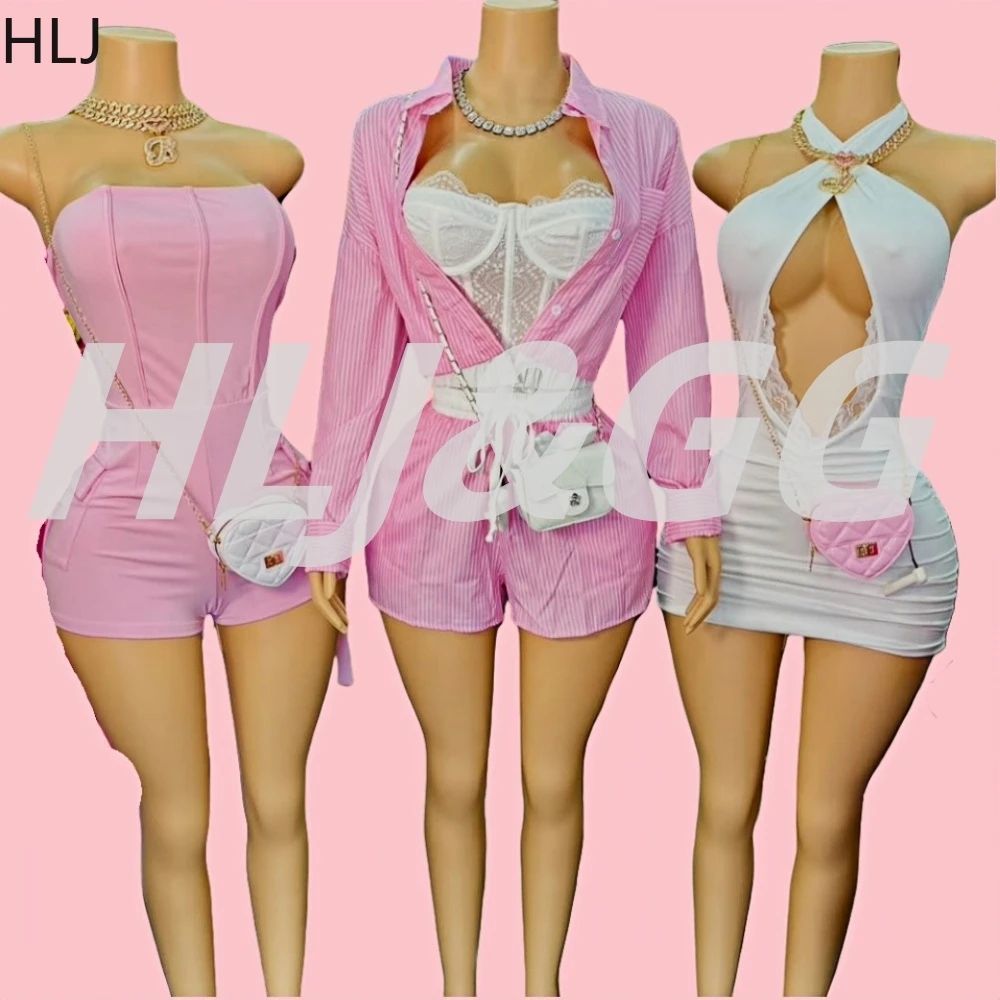 

HLJ Pink Fashion Stripe Printing Sets Women Lapel Button Long Sleeve Crop Top+Vest+Drawstring Shorts Outfit Y2K Trend Streetwear