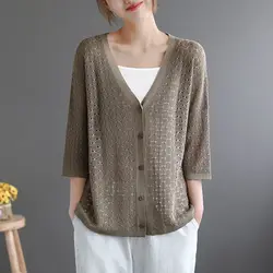 Women Summer Fashion Simplicity Solid Color Hollow Out V-neck Knitwear Women Clothes Loose Casual Thin All-match Trend Sweater