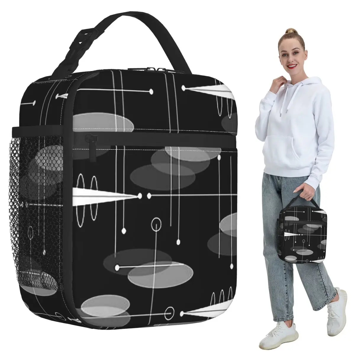 Mid-Century Atomic Space Age Insulated Lunch Bag for Women Office Cooler Thermal Food Box Tote Portable Lunch Boxes Container