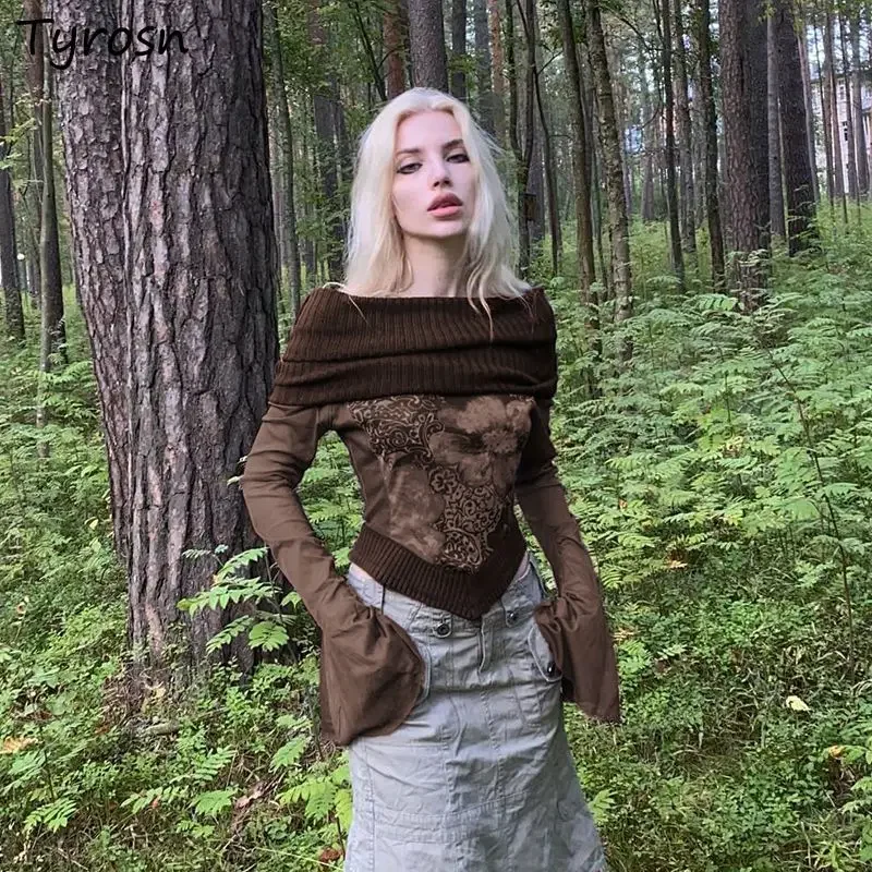 

T-shirts Women Slash Neck Slim Crop Tops Elegant American Style Vintage Ins Printed Aesthetic Design Sexy Irregular Flare Sleeve