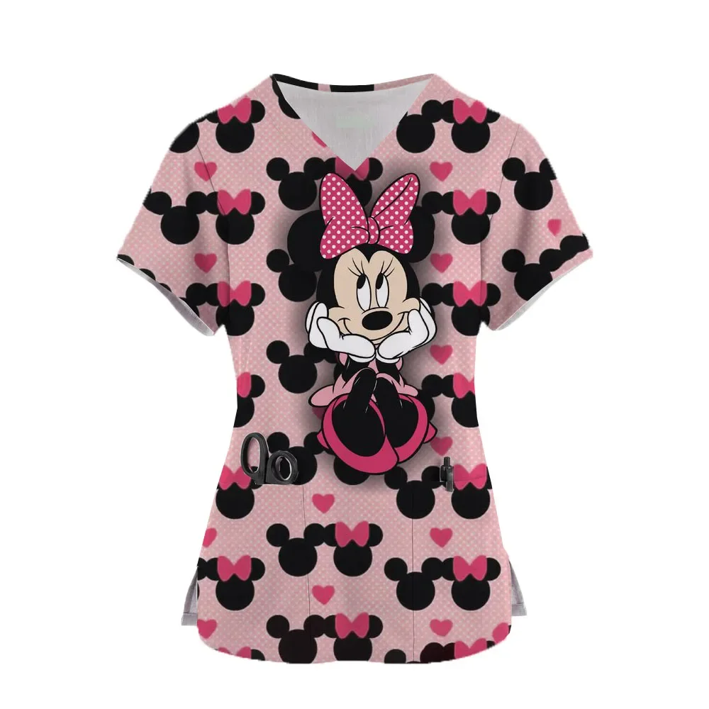 Disney Womens Clinic Protective Tee Mickey Mouse Print Nurse Uniform Summer Short Sleeve Tops Nursing Working Tshirts