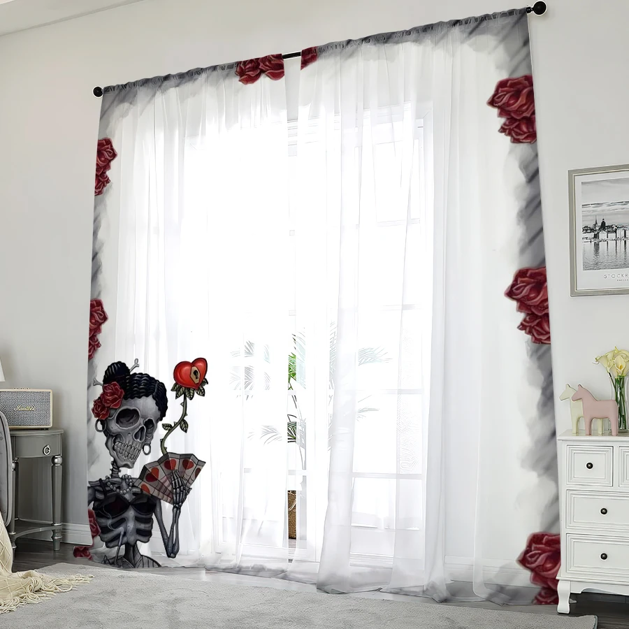 2PCS Digital Print Sheer Curtain, Skeleton Bride Red Rose Day of the Dead Window Drapes for Living Room Bedroom Home Decor