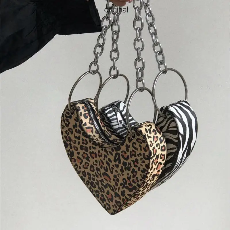 2024 New Irregular Metal Chain Handle Zebra Print Love Design Handbag For Women Simple Casual All-in-one Portable Shoulder Bag