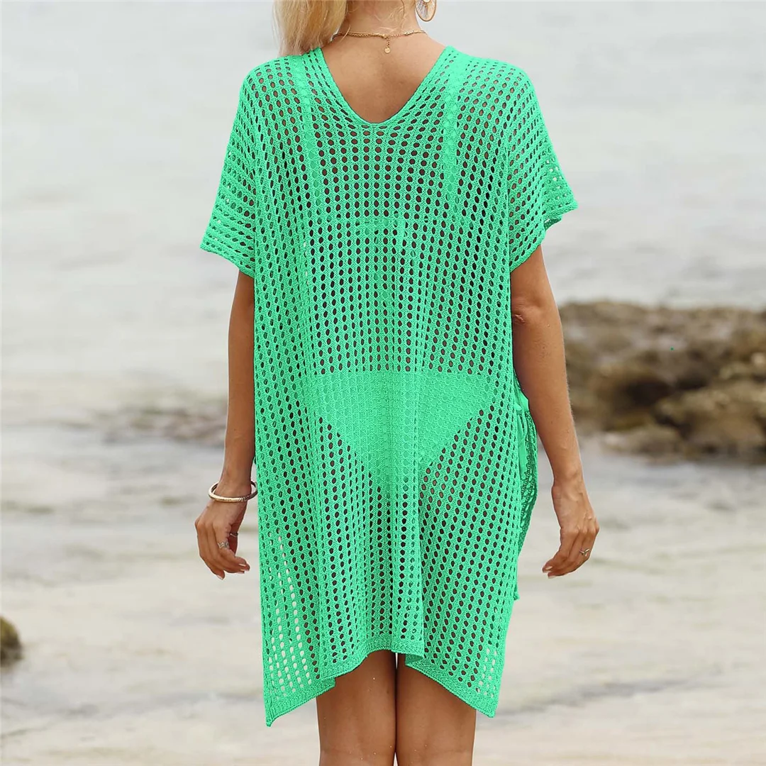 Kurzarm-Tunika mit V-Ausschnitt und Aushöhlungen, gehäkelt, Strickkleid, Strandkleid, Strandmode, Strandbekleidung, Strand-Cover-up, Damen, V8061 – Detail 11