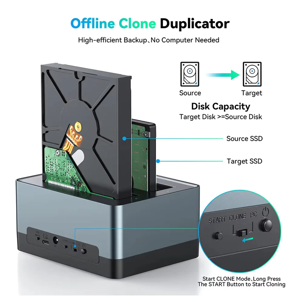 Yottamaster 2.5/3.5 inch HD Case USB Docking Station Hard Drive Disk Clone Housing Box Dual Bay SATA SSD HDD External Enclosure