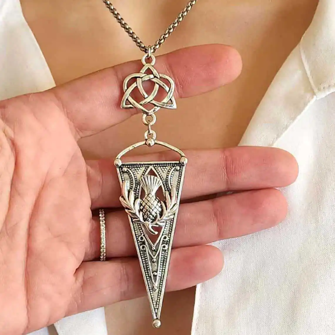 

Vintage Scottish thistle necklace,Goth jewelry,Celtic,mystery,Witch accessory,triangle,carved,Celtic,Victorian,Choker For Women