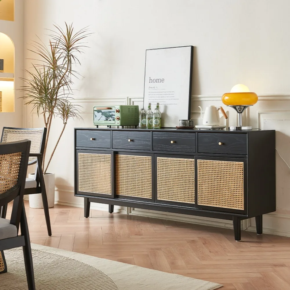 

Nordic ash rattan sideboard household living room simple locker with drawer four-door large-capacity storage cabinet