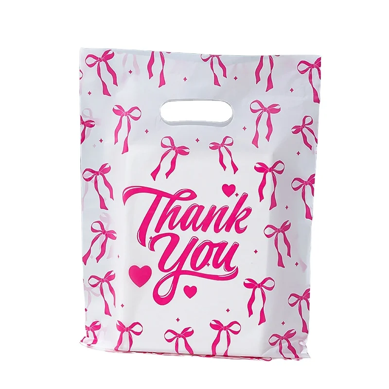 Pink Bow Print Thank You Plastic Die Cut Handle Bags Custom Logo Printed Carry Shopping Packaging Bags for Shoes Clothing Retail Boutiques and Small Business
