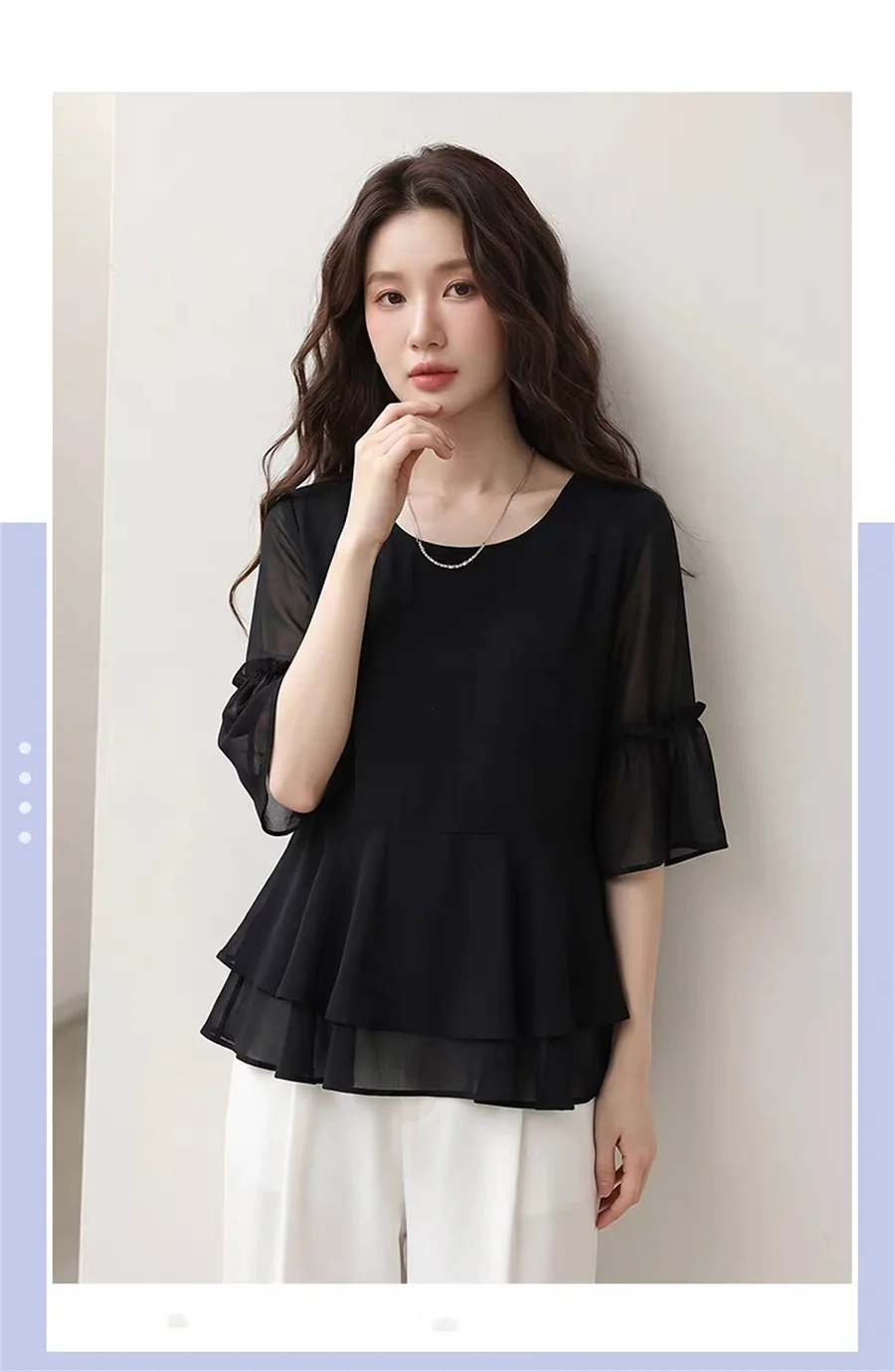 Blusa de chiffon fashion para mulheres plus size, cor sólida, manga curta, com babados, casual, elegante, para escritório, outono.