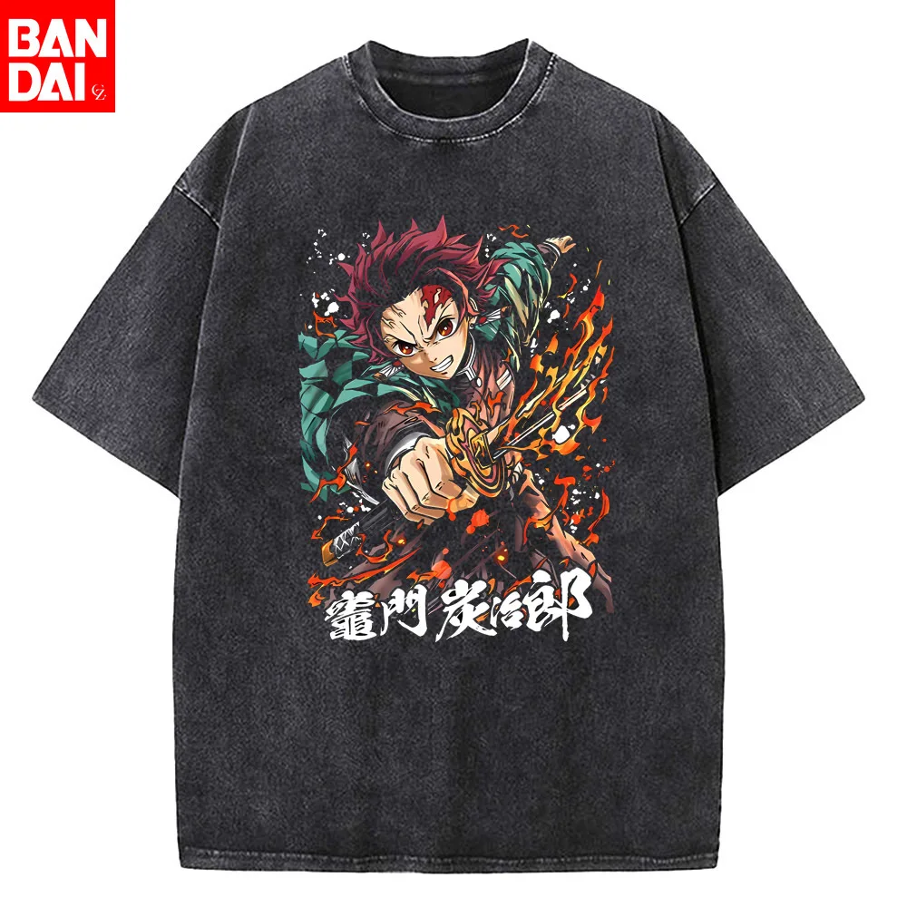 

Men's Japanese Anime _Demon Slayer_ Print Washed Cotton Men's T-shirt - Fantasy Girl Manga Style Casual T-shirt