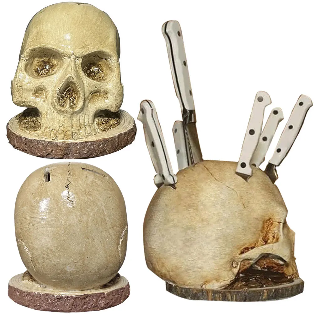 Skull Knife Holder for Kitchen, Skeleton Knife Stand, Horror Kitchen Storage Head Rack Kitchen Fruit Storage Rack Decoration