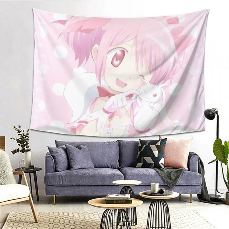 VIKAMA Tapiz de anime con Puella Magi Madoka Magica, Madoka Kaname, Kyubey y lunares rosas y blancos para dormitorio y sala de estar