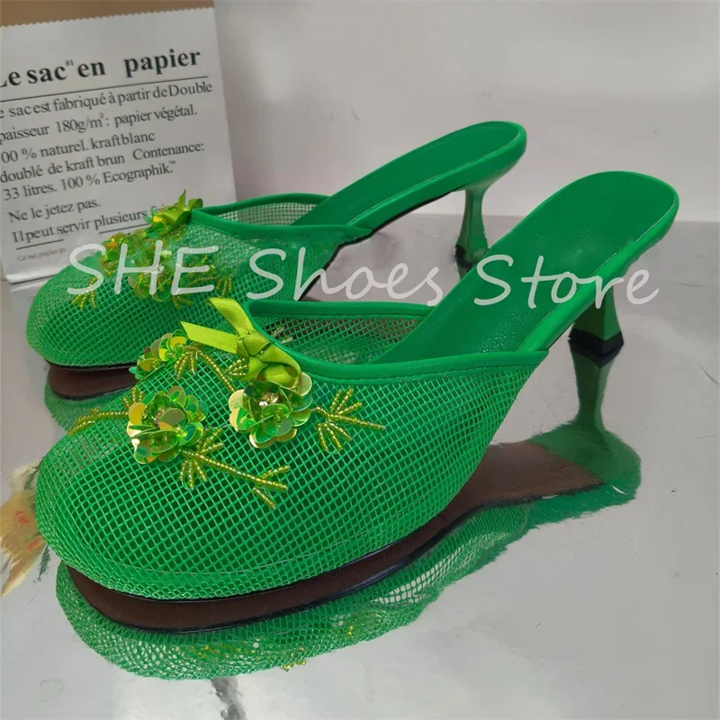 

Summer Flowers Decor Hollow Out Mesh Women Sandals Cover Toe High Heel Slingback Pumps Ladies Outside Dress Slippers