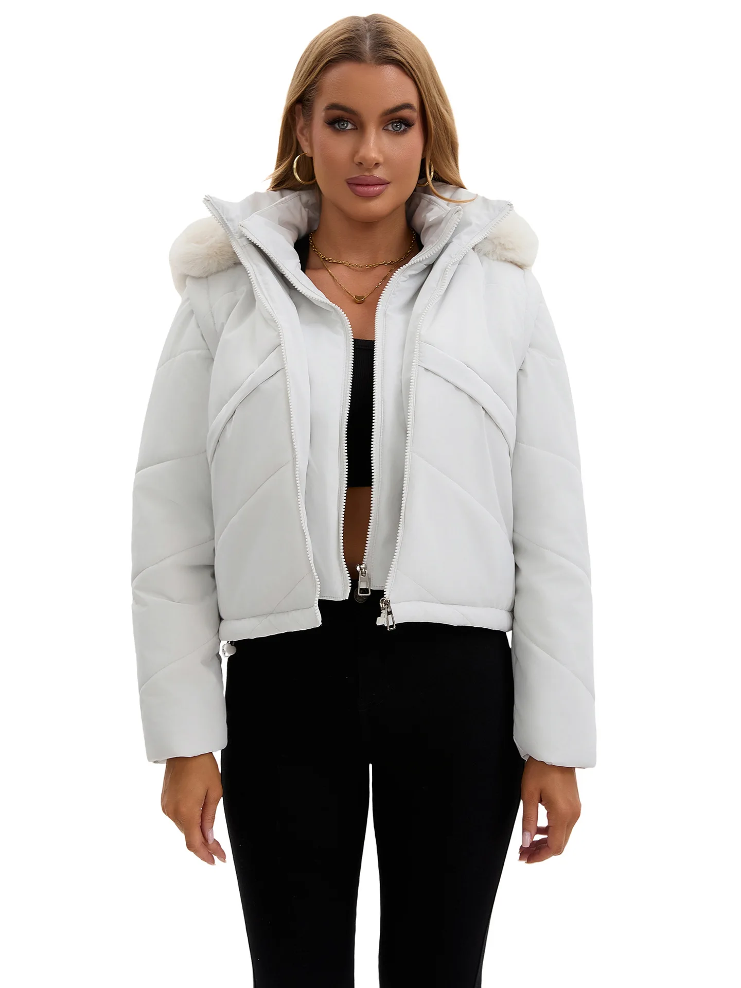 

2025 New Fashionable Detachable Sleeve Cotton-Padded Jacket Warm Hooded Short Autumn Winter Coat for Women
