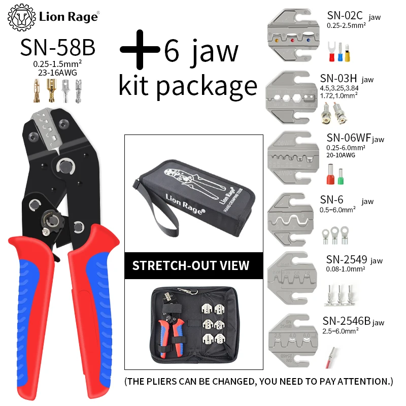 Ratschen-Crimpzange SN-58B Zangen-Set für XH2.54/DuPont2.54/2.8/4.8/6.3/unisolierte/Ferrule-Klemmen (0,25-1,5 mm²) 23-16AWG